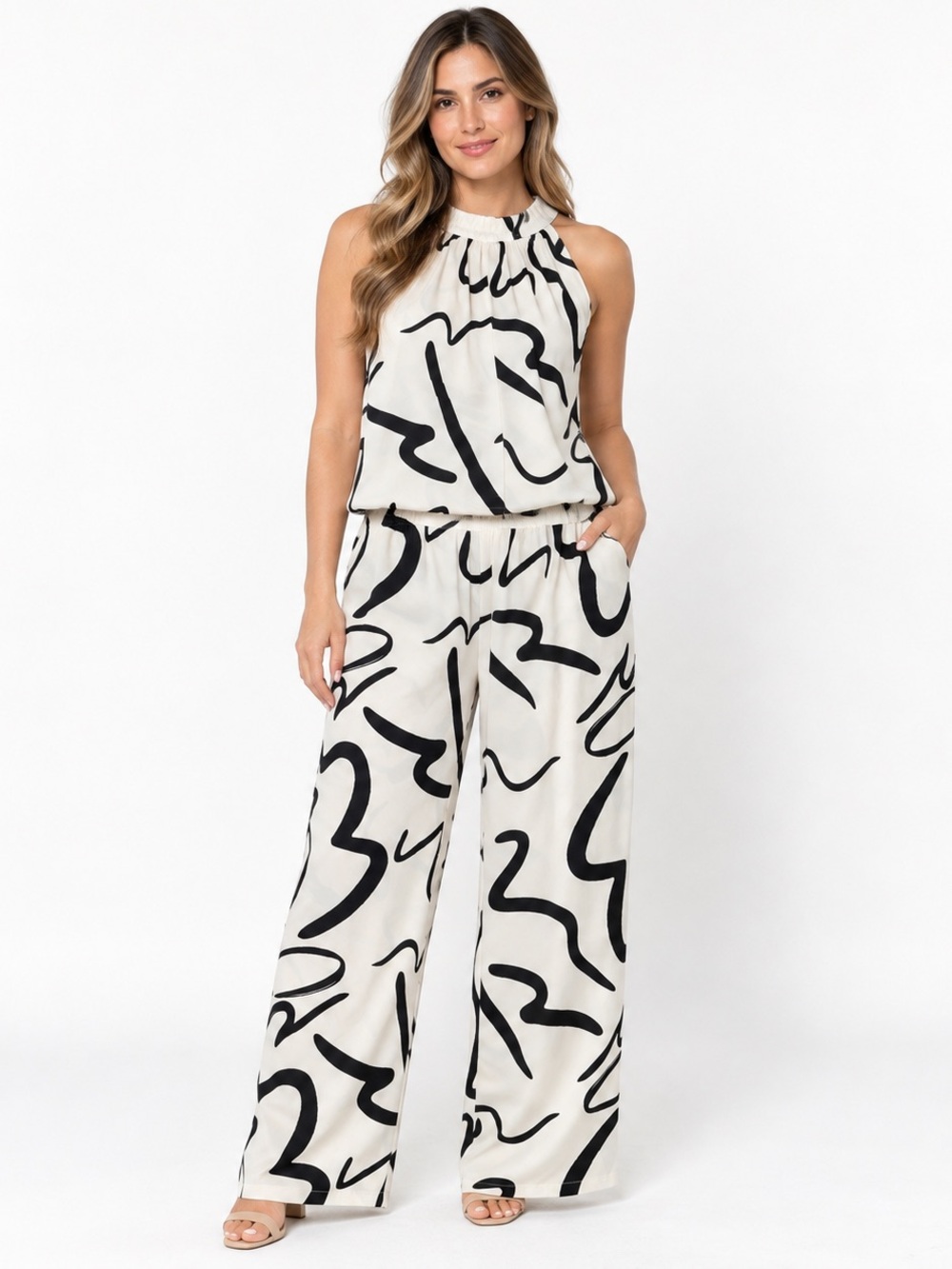 Emery Rose Abstract Print Two Piece Pant Set Size M
